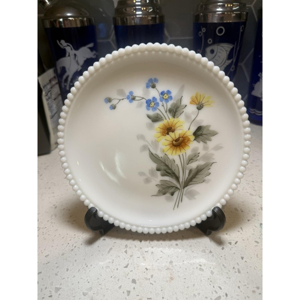 Westmoreland Beaded Edge Hand Painted Yellow And Blue Flower Plate Milk Glass